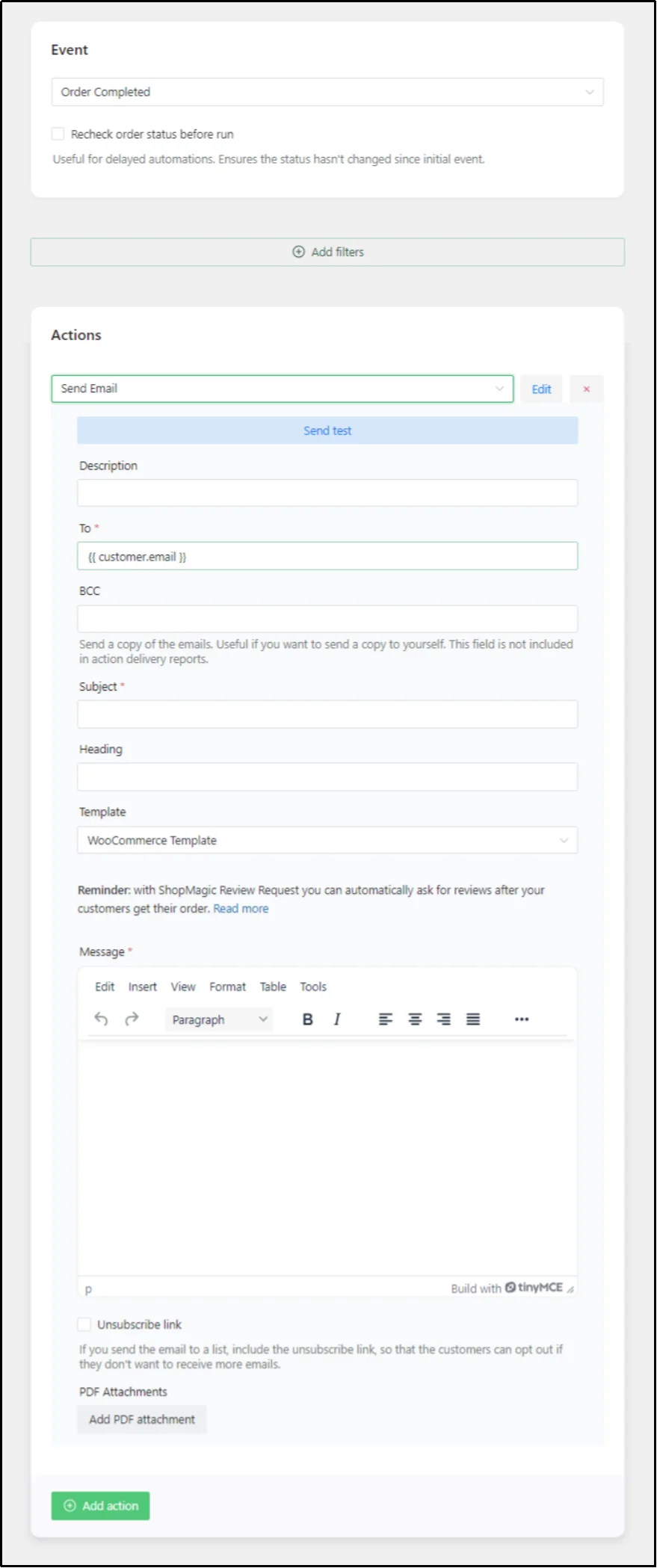 Selecting an event trigger for email automation in ShopMagic