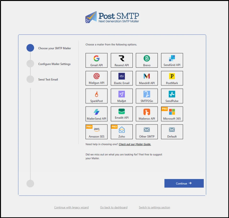 Selecting a preferred mailer service during Post SMTP setup