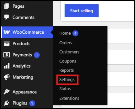 WooCommerce Settings option in the WordPress admin left navigation menu