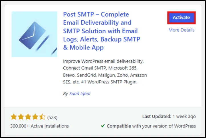 Install Now button changed to Activate for the Post SMTP plugin