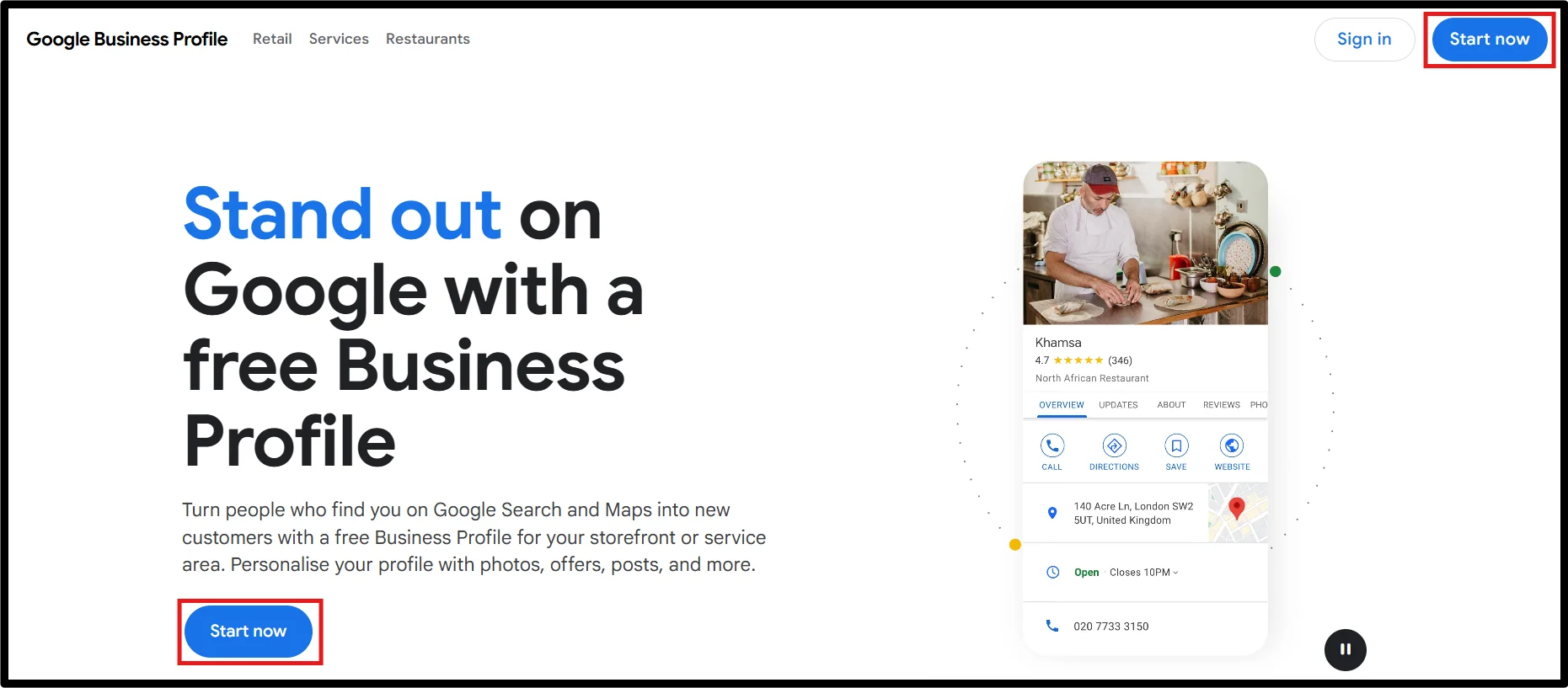 Google Business Profile homepage with the Start Now button