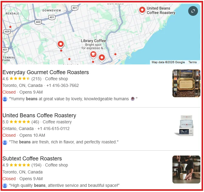Google local search results showing businesses in the local pack