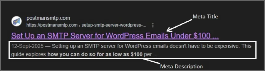 Example of SEO meta title and meta description in Google search results