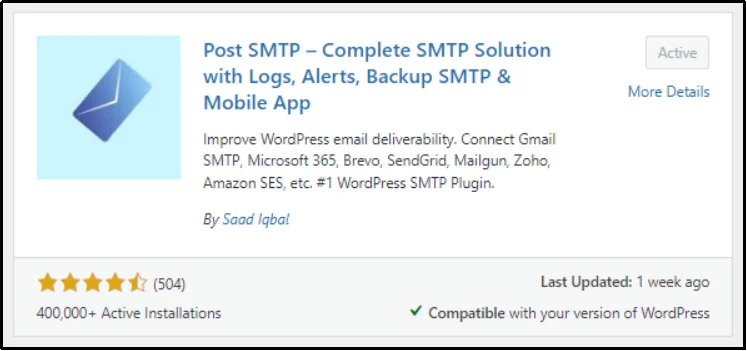 Post SMTP plugin successfully activated in WordPress