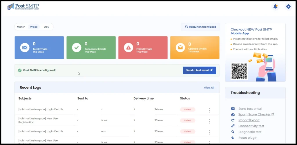 Post SMTP plugin dashboard in the WordPress admin panel
