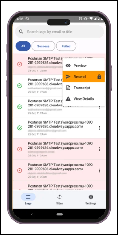 Resend emails directly from Post SMTP mobile app