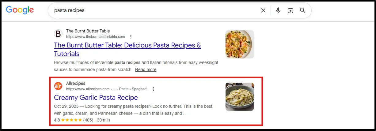Comparison of search results with and without product schema rich snippets