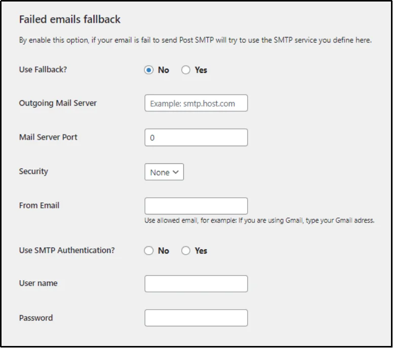 Post SMTP fallback tab for backup email settings