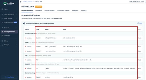 Copy paste the DNS records provided by Mailtrap into your domain to configure post smtp