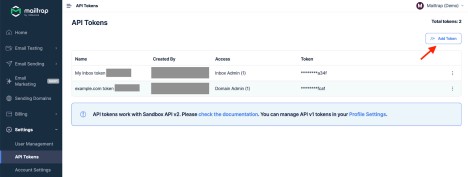 Go to mailtrap Settings, select API Tokens, and click on the Add Token button to configure the post smtp