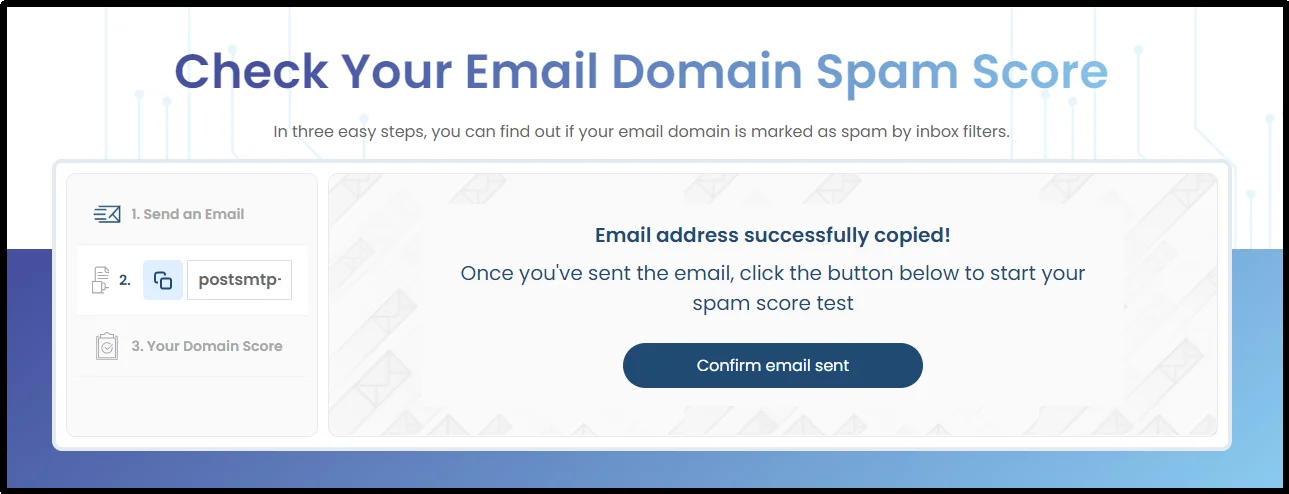 Dashboard prompt asking the user to confirm the email was sent