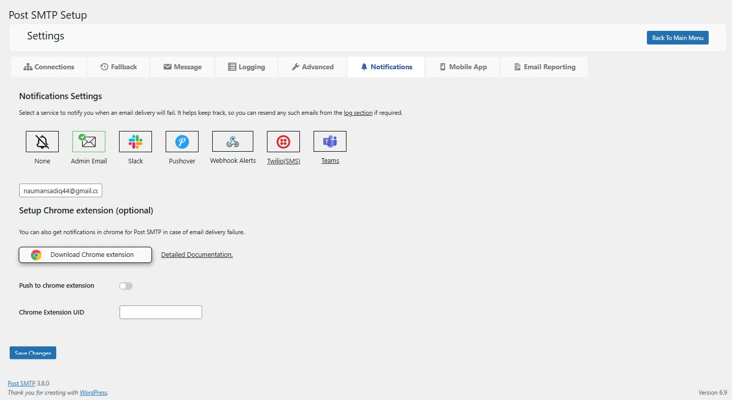 Send test notification button in Post SMTP settings