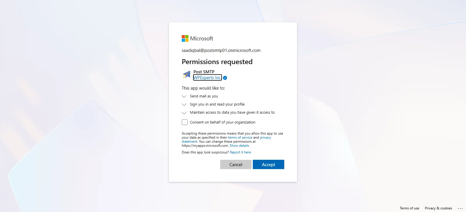 Authorize Post SMTP plugin to access Microsoft 365 account