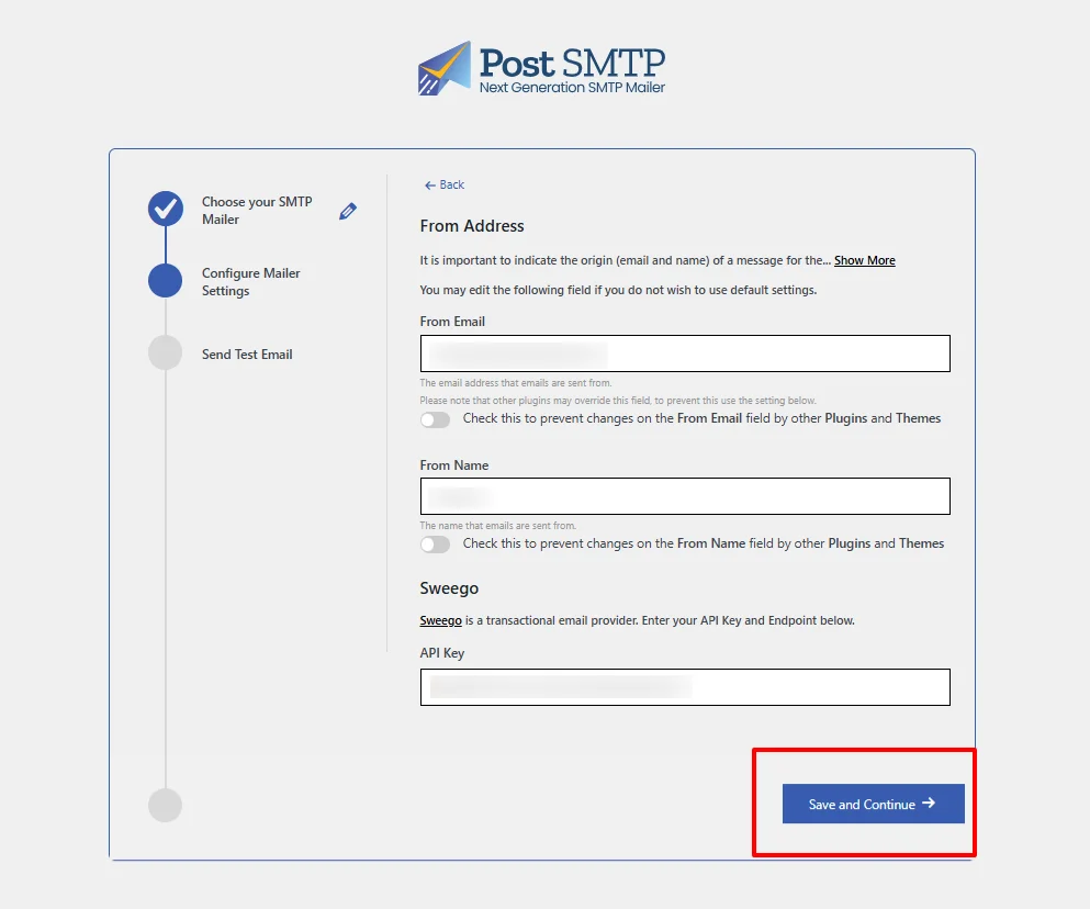 Paste Sweego SMTP credentials in Post SMTP configuration fields