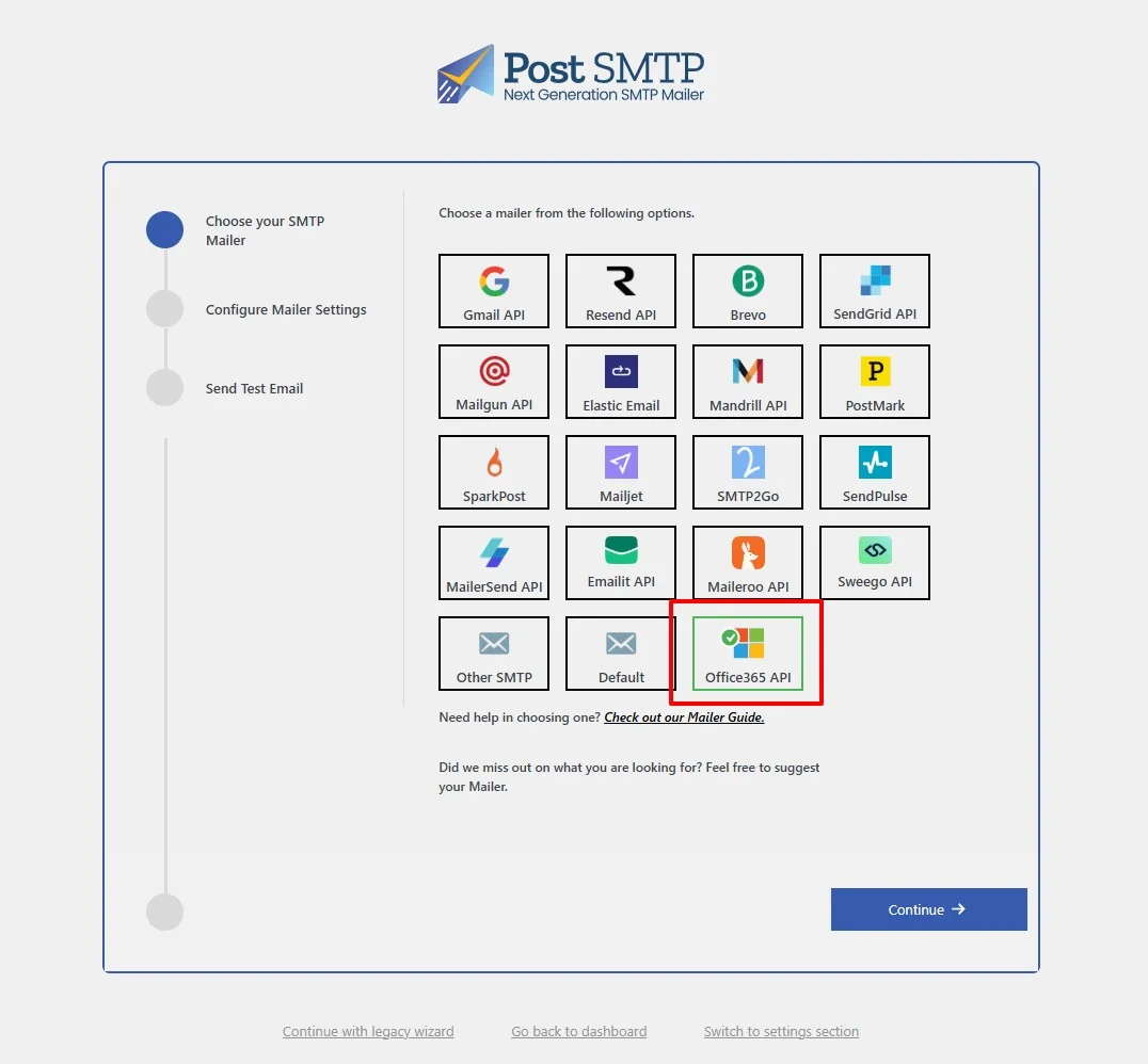 Selecting Microsoft 365 mailer option in Post SMTP settings
