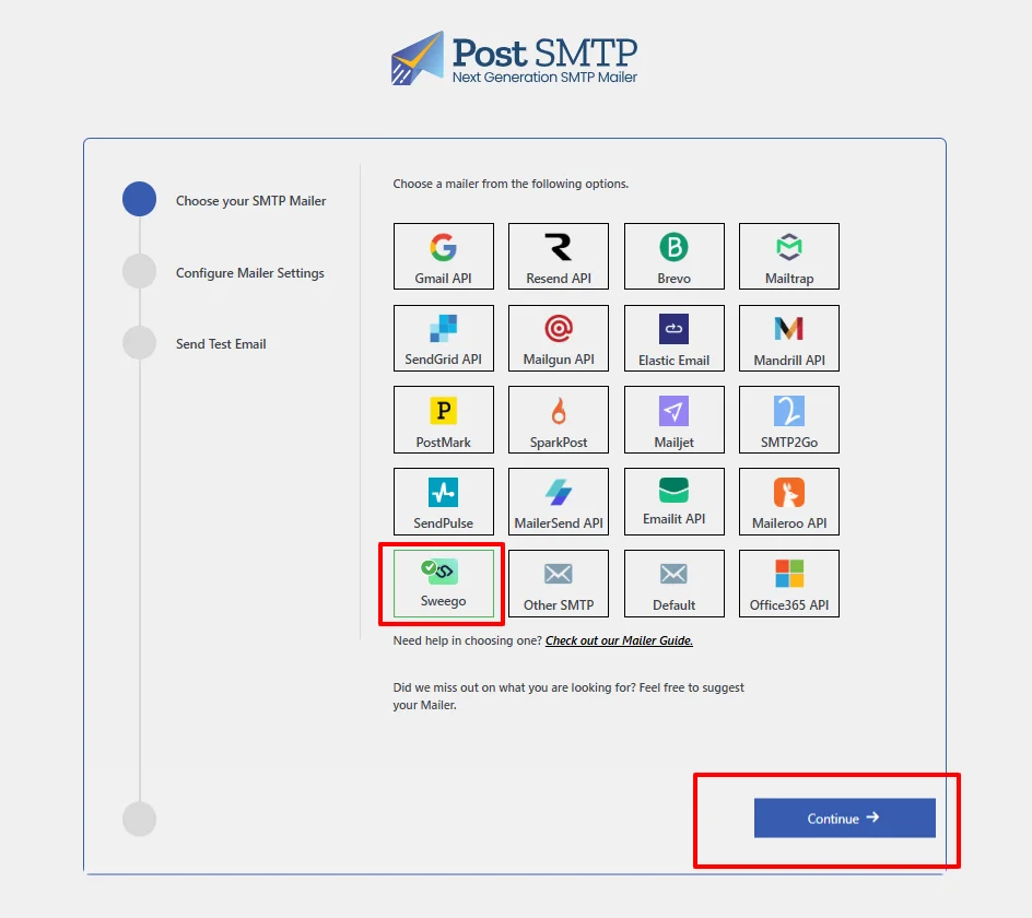 Select Sweego as the mailer option in Post SMTP plugin settings