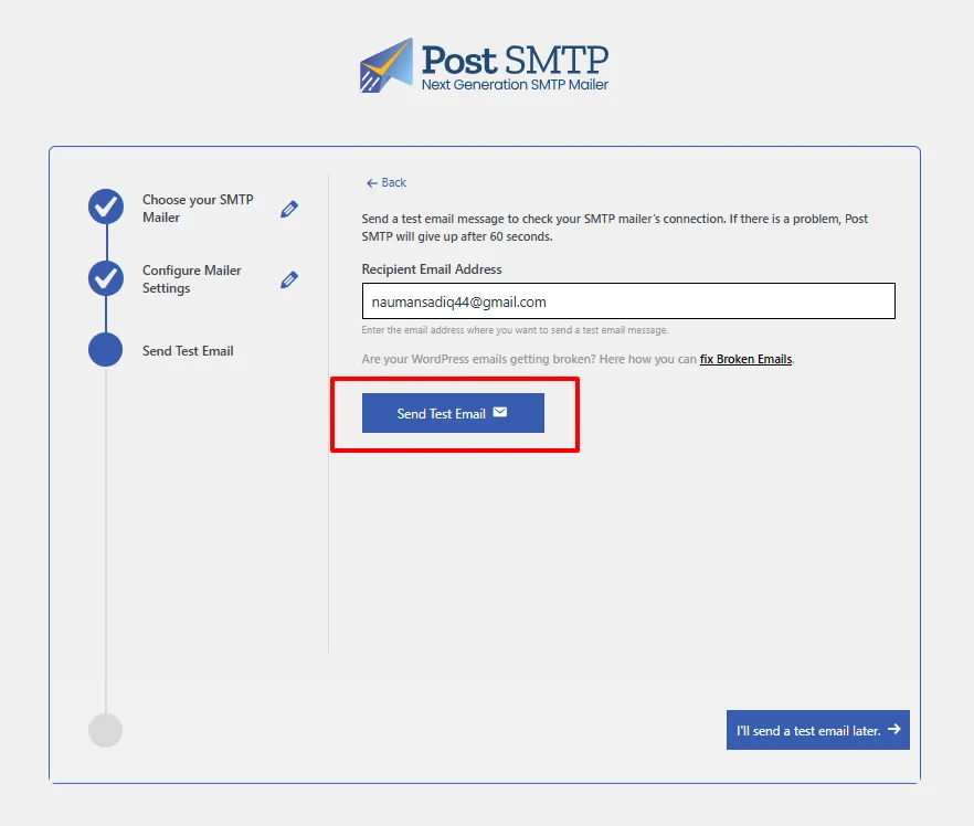 Send test email option in Post SMTP to verify Sweego setup