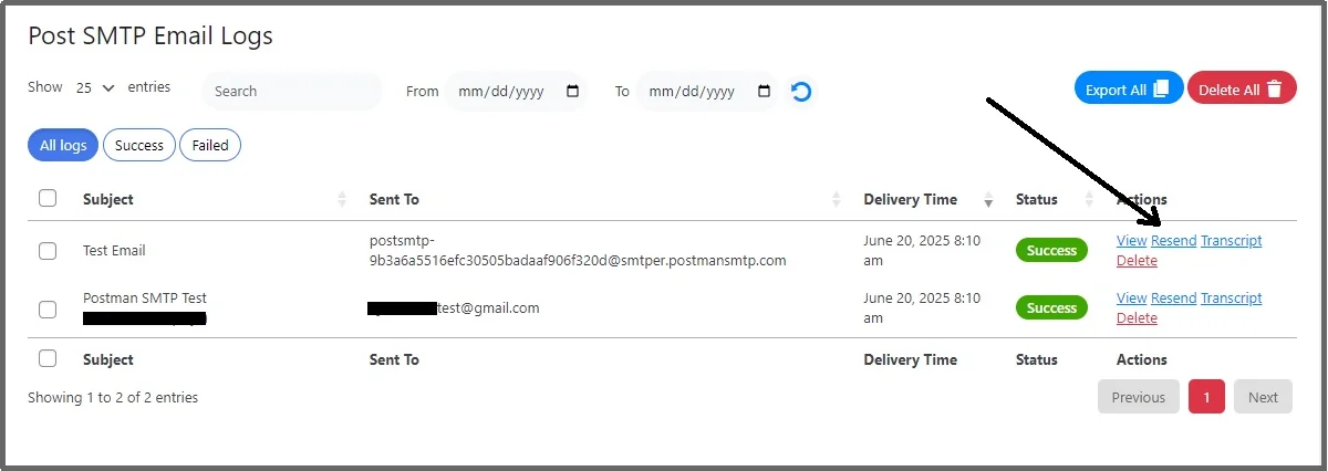 Clicking the Resend button to resend a failed email