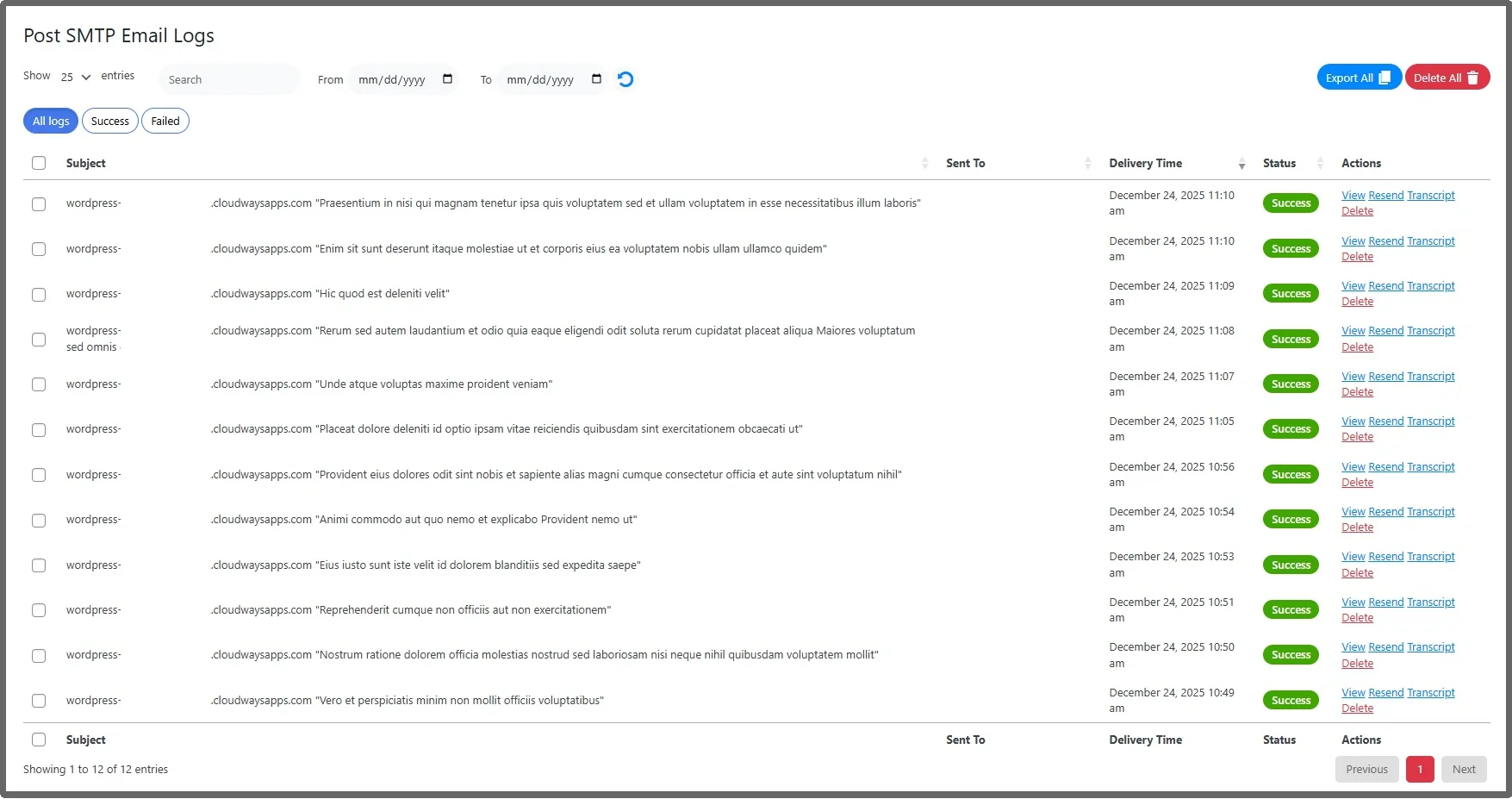 List of all sent emails in the Post SMTP email log