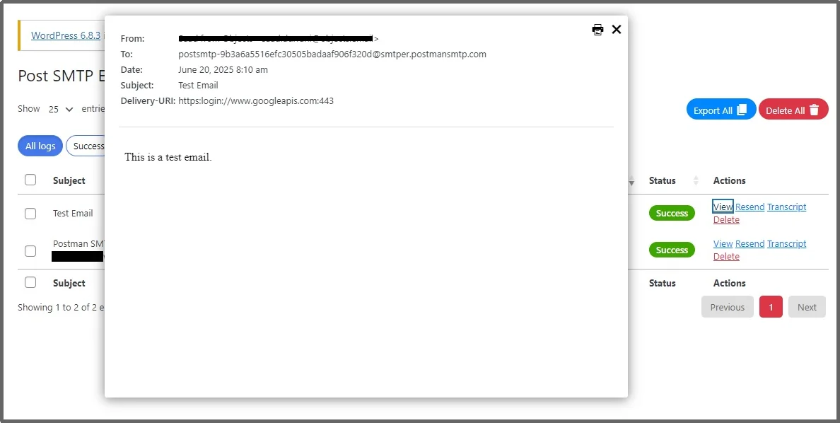 Clicking the View button to open email log details