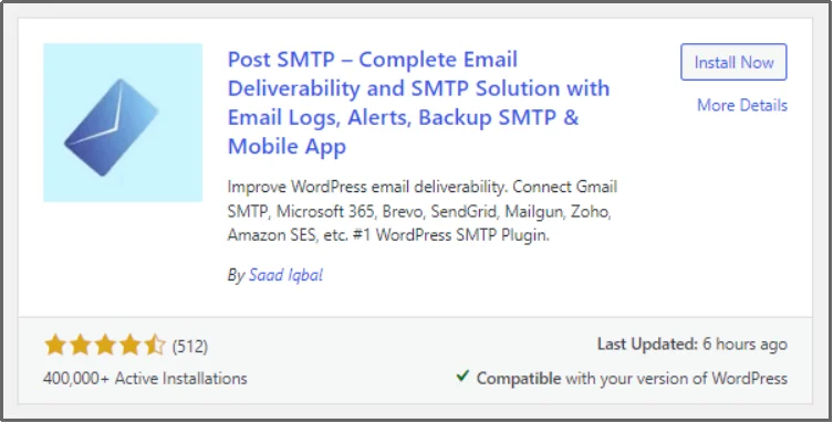 Typing “Post SMTP” in the WordPress plugin search box