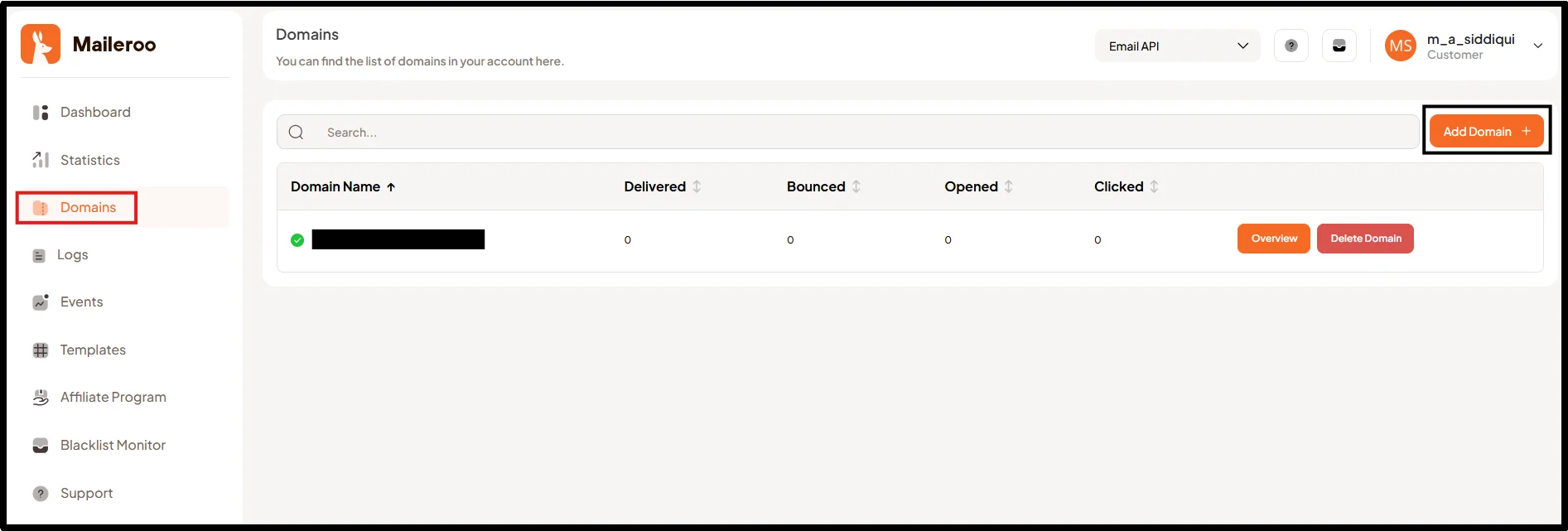 Add domain option in Maileroo dashboard