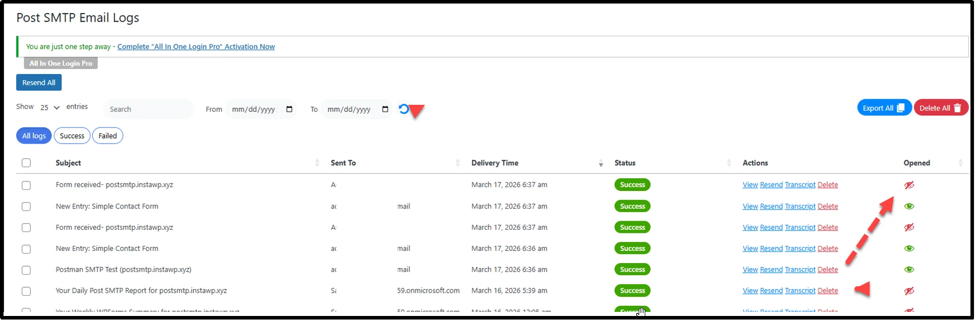 Email log dashboard view