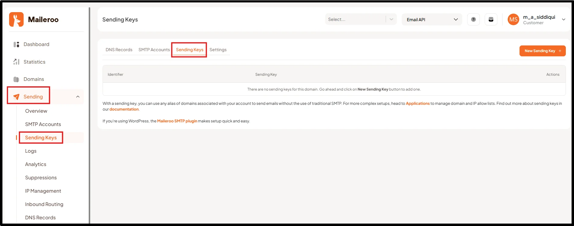 Navigate to sending keys section in Maileroo