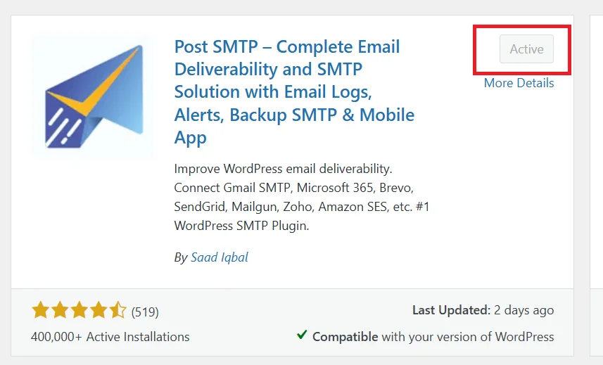 Post SMTP plugin settings in WordPress dashboard