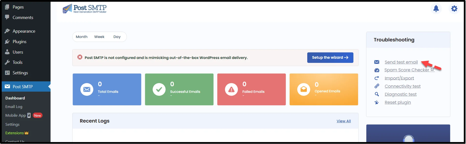 Click the Send Test Email button in Post SMTP