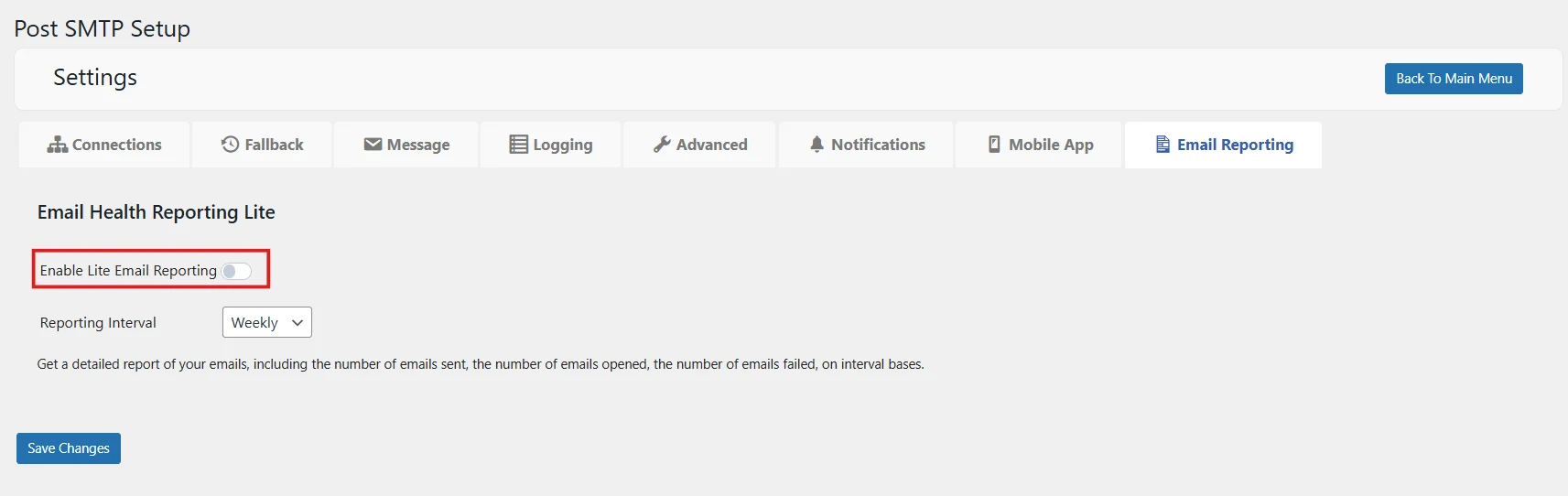 Email reporting option available in Post SMTP settings