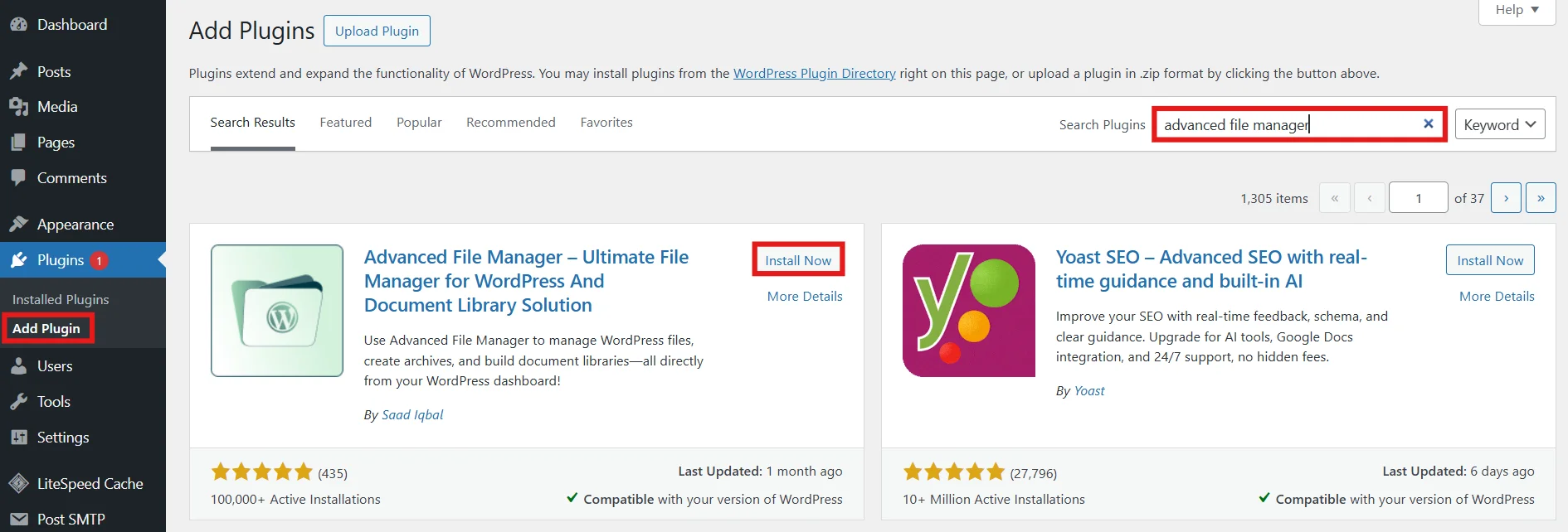 Open Advanced File Manager plugin in WordPress