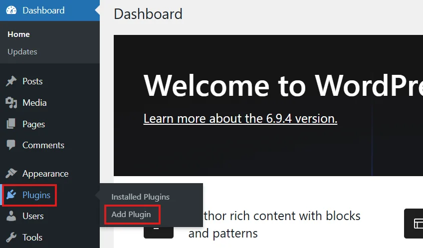 WordPress dashboard showing Plugins option in admin menu