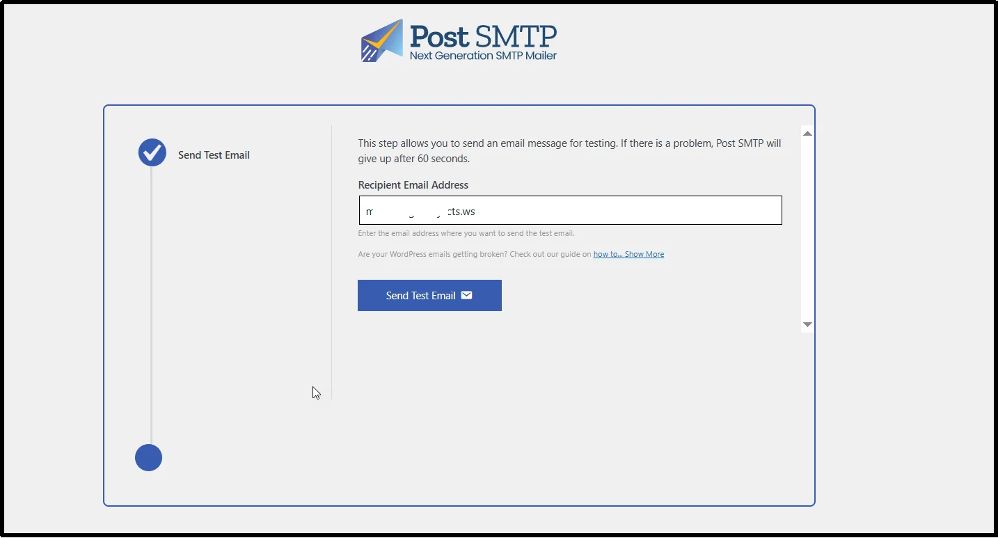 Green congratulations message after successful email test