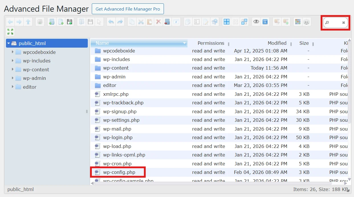 Locate wp-config.php file in WordPress file manager