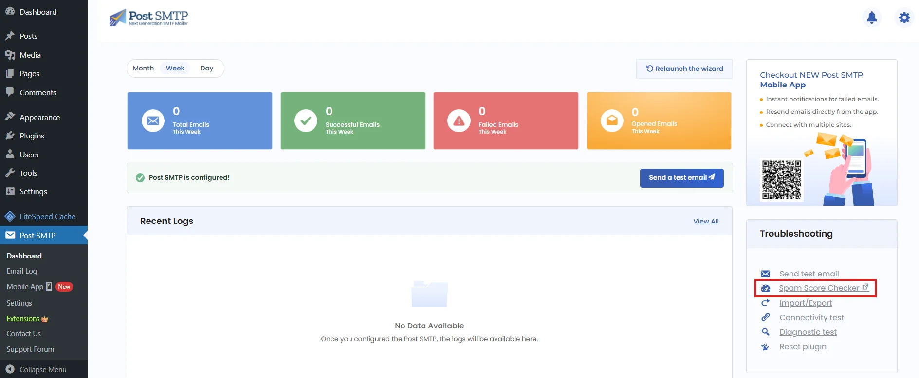 Post SMTP dashboard displaying email delivery tools