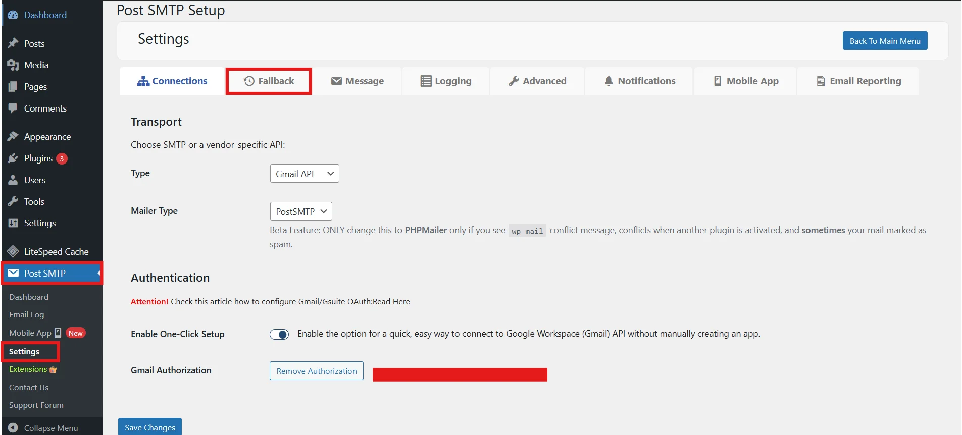 Fallback email settings configured in Post SMTP