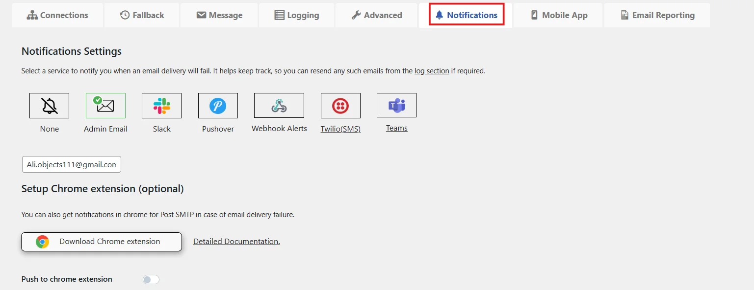 Notification settings panel in Post SMTP plugin