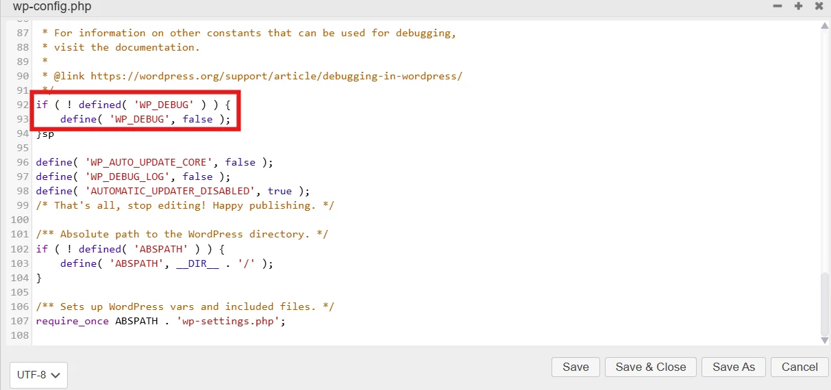Scroll to debug code section in wp-config.php file