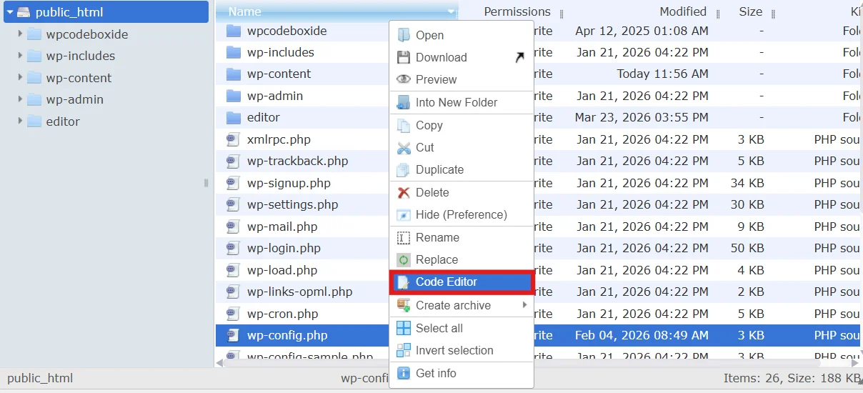 Select code editor option for editing WordPress file