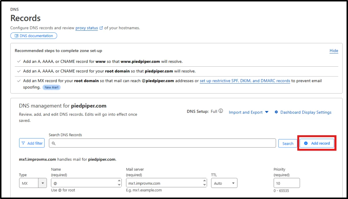 Create a new DNS entry for email authentication setup
