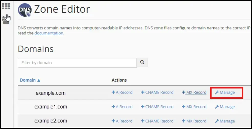 Click the Manage button next to your domain in DNS settings