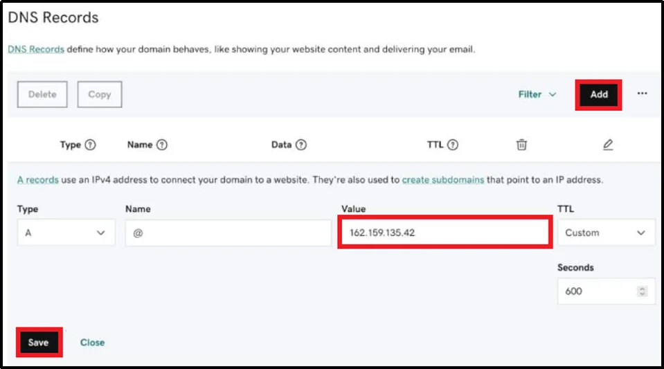 Click on the Add Record button to create a DNS entry