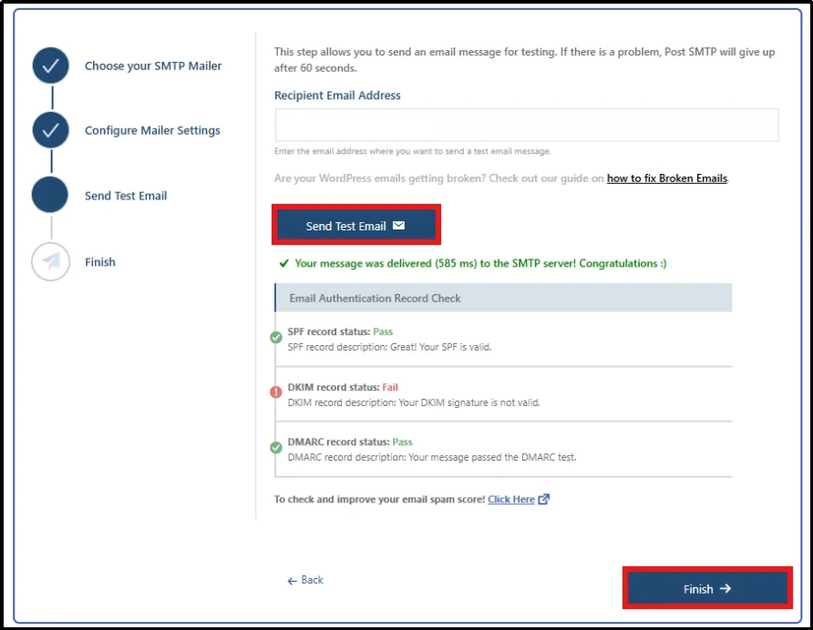 Enter a valid recipient email address to send a test email