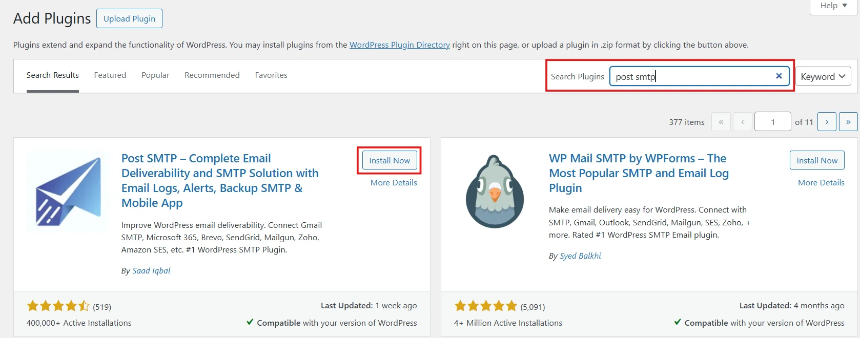Search for Post SMTP plugin in WordPress plugin search bar