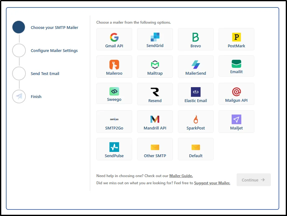 Available SMTP mailer options in Post SMTP including Gmail, SendGrid, and Amazon SES