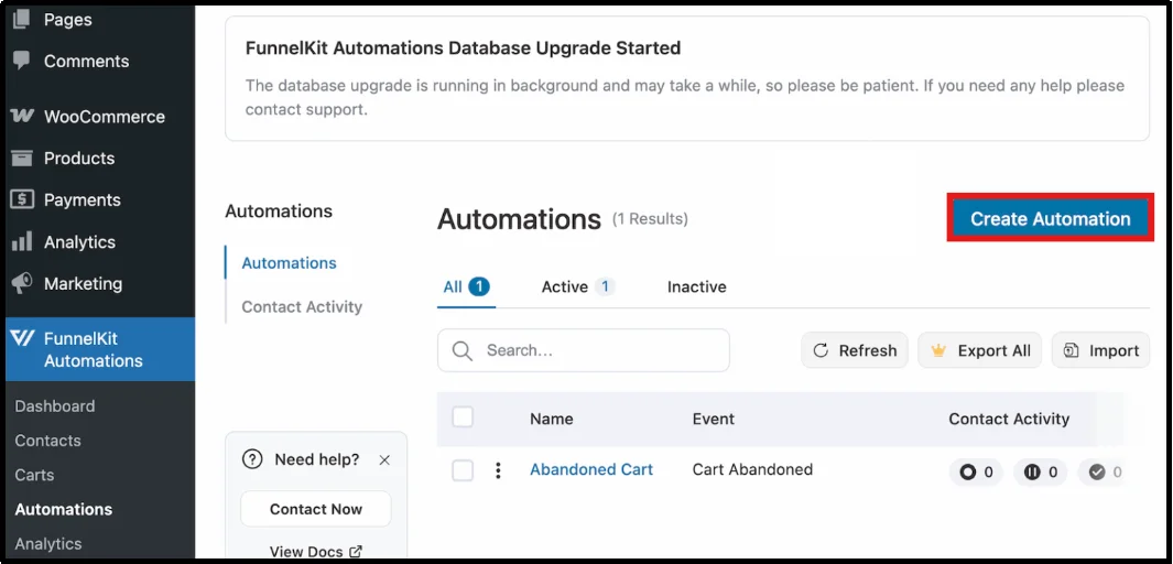 Click Create Automation in FunnelKit Automations to start a new workflow