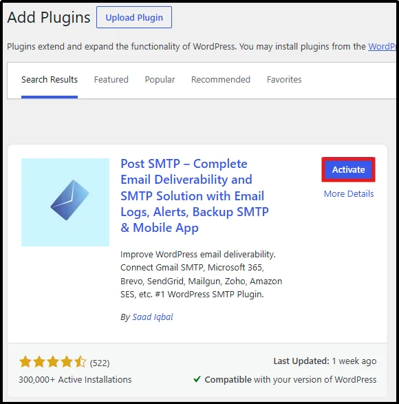 Activate the Post SMTP plugin after installation