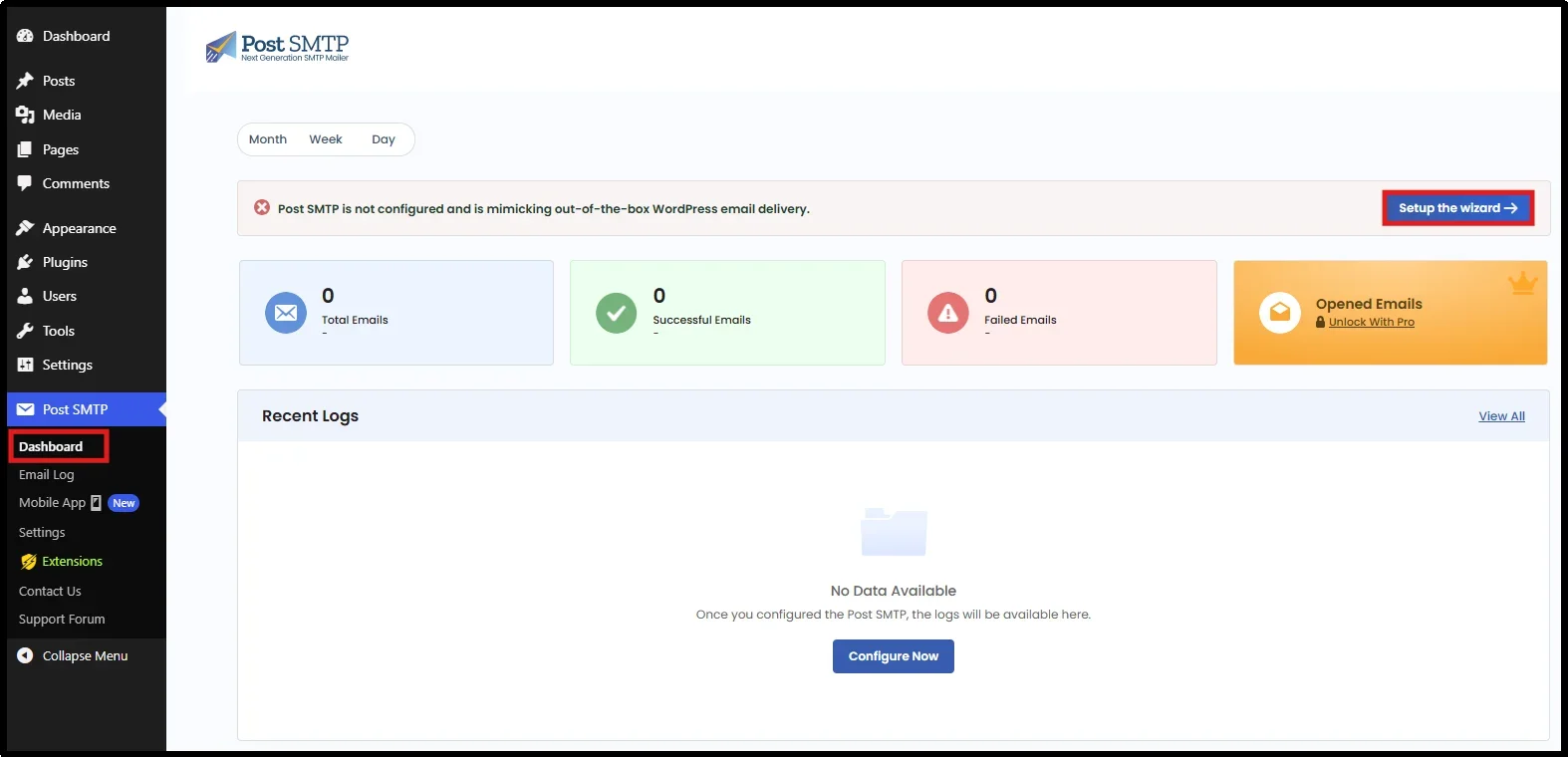 Click Setup the Wizard in Post SMTP dashboard to begin SMTP configuration