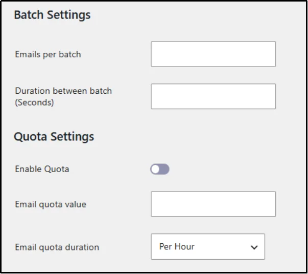 Configure email batch size and sending quota settings